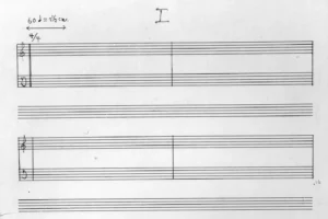 Primeira página da partitura da obra "4'33"" de John Cage, mostrando pautas musicais vazias
